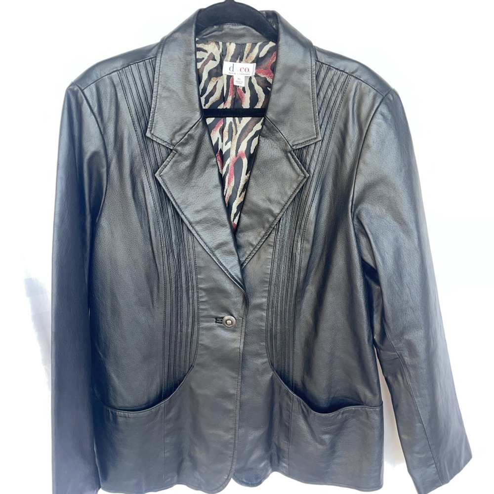 DENIM + COMPANY BLACK GENUINE‎ LEATHER COAT ZEBRA STRIPE LINED XL NWOT